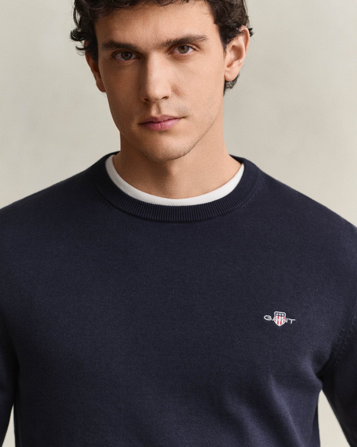 GANT Mens Classic Cotton Shield Logo Crew Neck Jumper - 433 Evening Blue | CHO | Designer Mens Crew Neck Jumpers