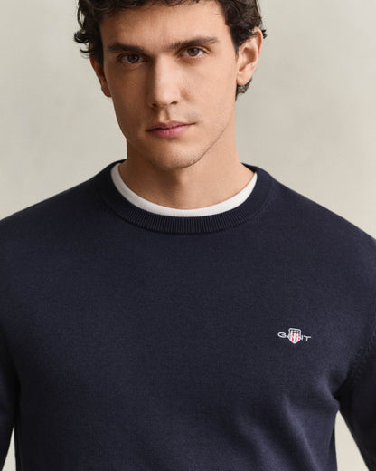 GANT Mens Classic Cotton Shield Logo Crew Neck Jumper - 433 Evening Blue | CHO | Designer Mens Crew Neck Jumpers