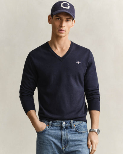 GANT Mens Classic Cotton Shield Logo V - Neck Jumper - 433 Evening Blue | CHO | Designer Mens V - Neck Jumpers