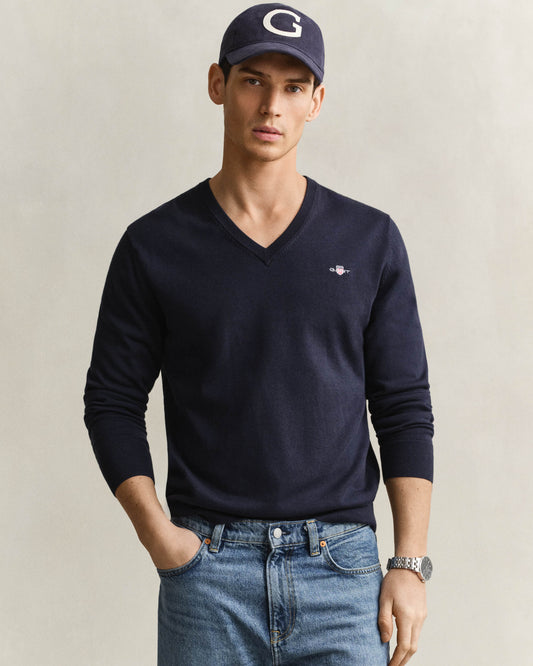 GANT Mens Classic Cotton Shield Logo V - Neck Jumper - 433 Evening Blue | CHO | Designer Mens V - Neck Jumpers