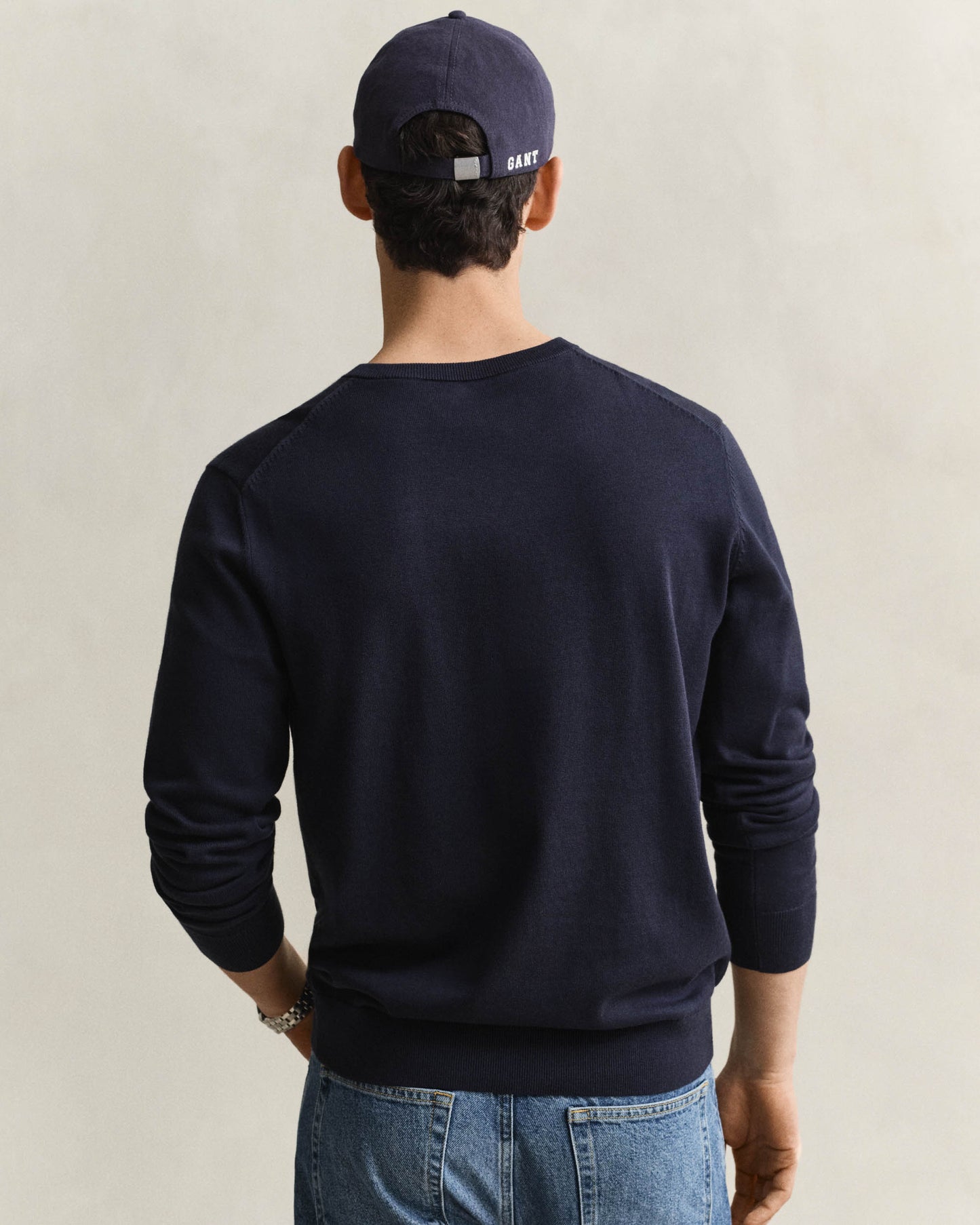 GANT Mens Classic Cotton Shield Logo V - Neck Jumper - 433 Evening Blue | CHO | Designer Mens V - Neck Jumpers