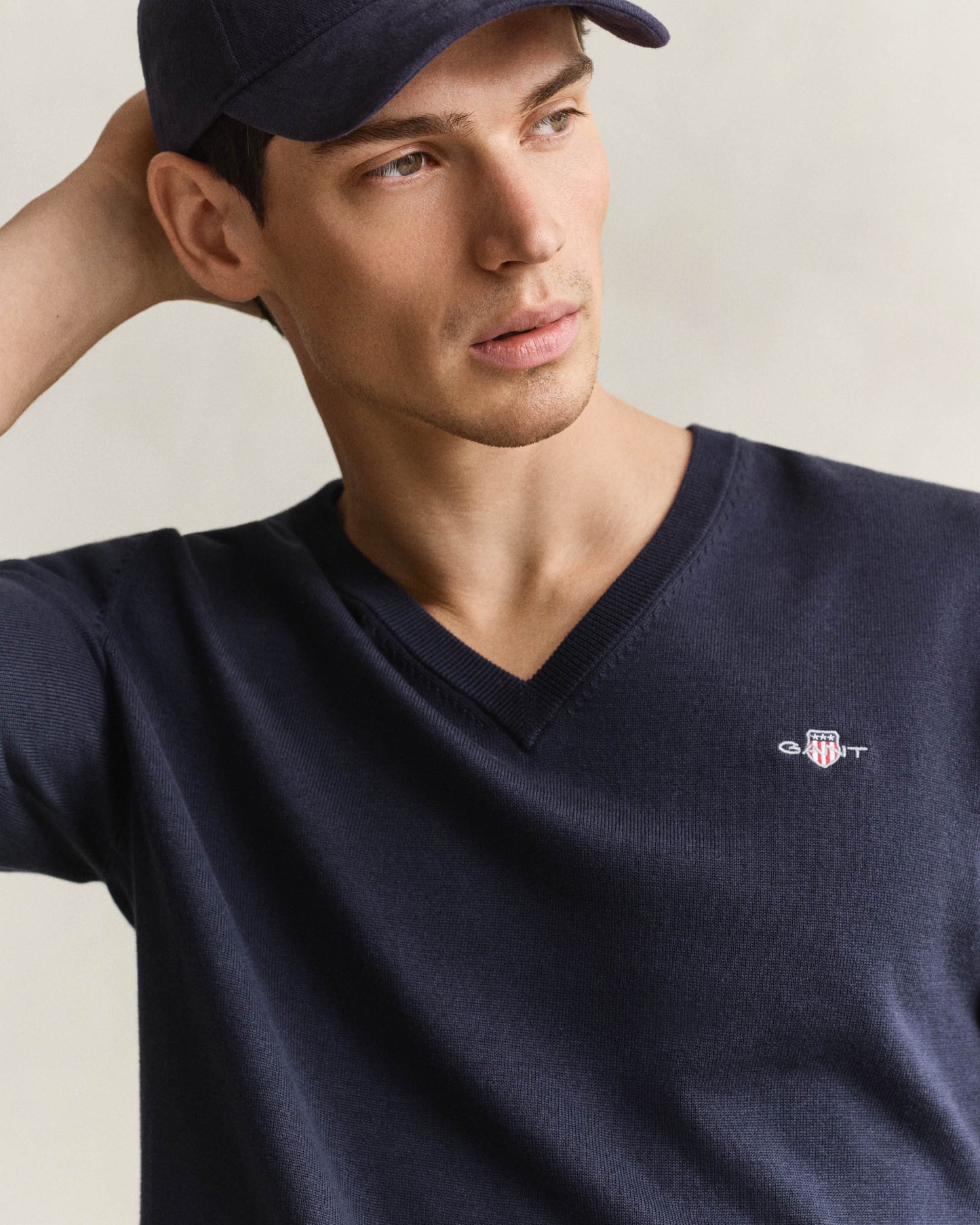 GANT Mens Classic Cotton Shield Logo V - Neck Jumper - 433 Evening Blue | CHO | Designer Mens V - Neck Jumpers