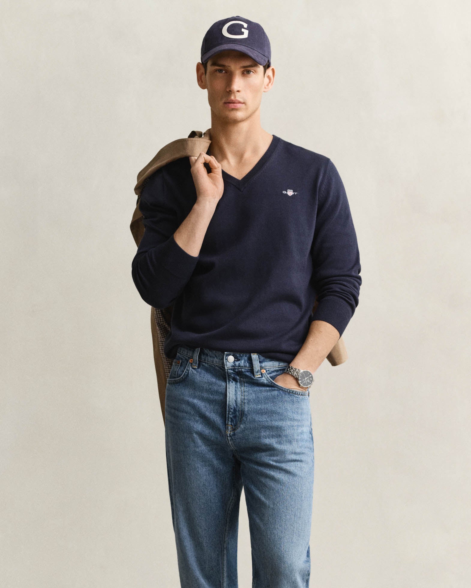 GANT Mens Classic Cotton Shield Logo V - Neck Jumper - 433 Evening Blue | CHO | Designer Mens V - Neck Jumpers
