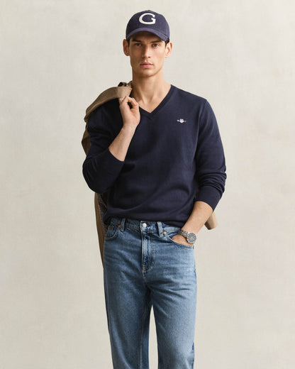 GANT Mens Classic Cotton Shield Logo V - Neck Jumper - 433 Evening Blue | CHO | Designer Mens V - Neck Jumpers
