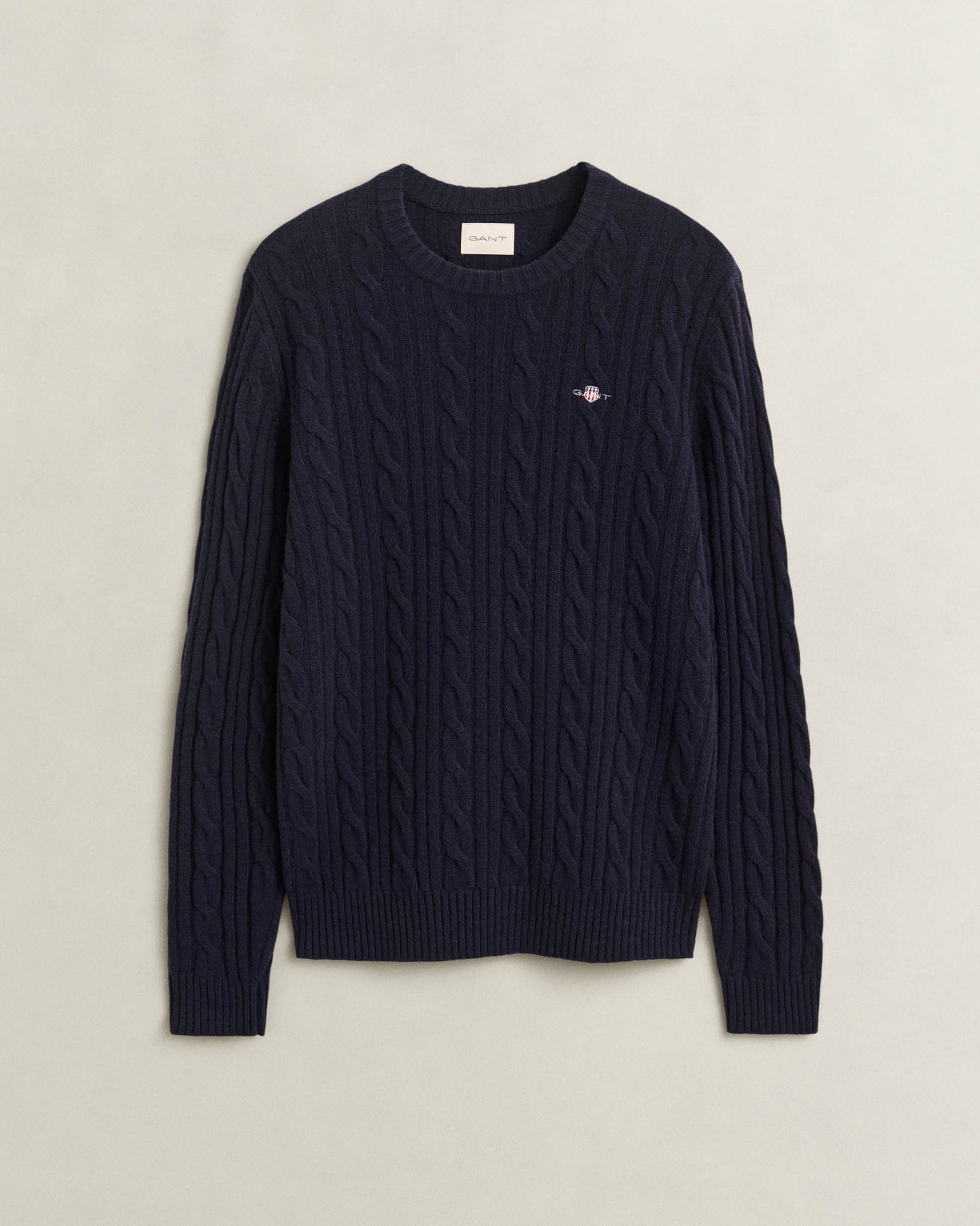 GANT Mens Lambswool Cable Crew Neck Sweater - 433 Evening Blue | CHO | Designer Mens Crew Neck Jumpers
