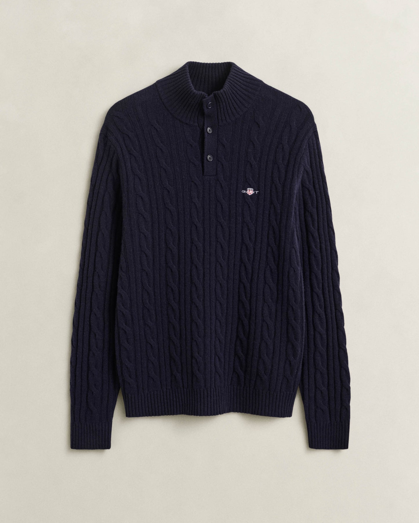GANT Mens Lambswool Cable Half Button Sweater - 433 Evening Blue | CHO | Designer Mens Half Button Jumpers