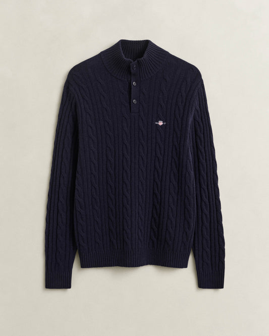 GANT Mens Lambswool Cable Half Button Sweater - 433 Evening Blue | CHO | Designer Mens Half Button Jumpers