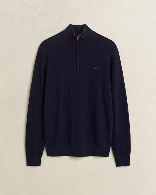 GANT Mens Herringbone Texture Half Zip Sweater - 433 Evening Blue | CHO | Designer Mens Half Zip Jumpers