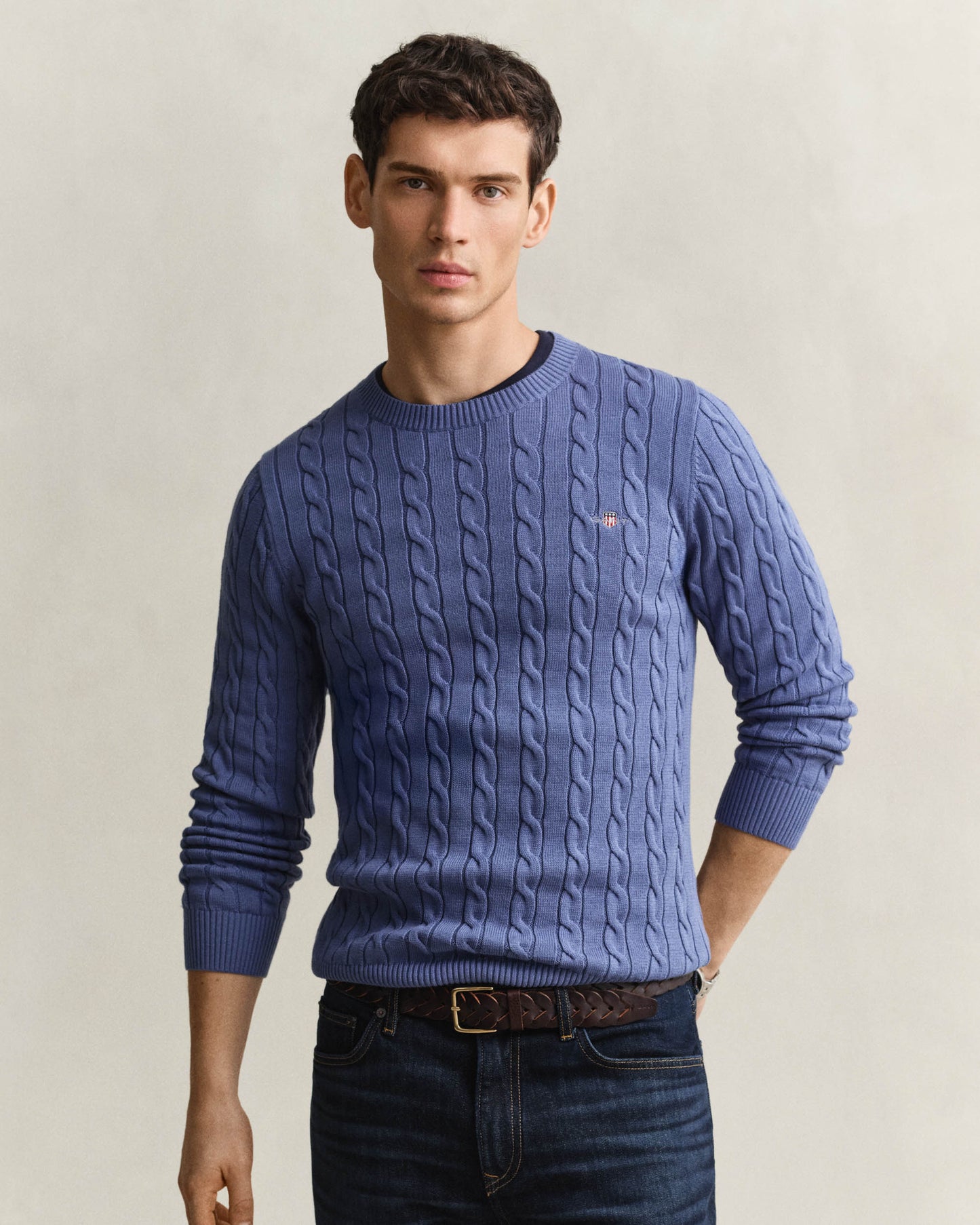 GANT Mens Cotton Cable Knit Crew Neck Jumper - 476 Blue Horizon