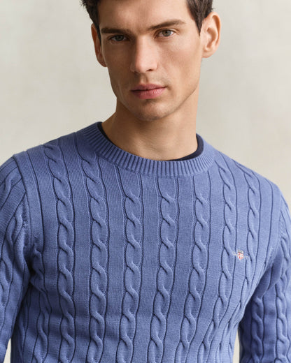 GANT Mens Cotton Cable Knit Crew Neck Jumper - 476 Blue Horizon