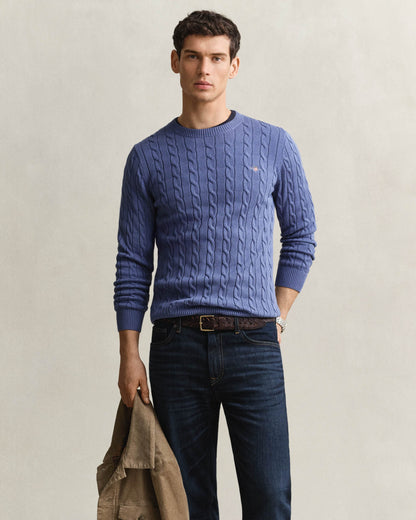 GANT Mens Cotton Cable Knit Crew Neck Jumper - 476 Blue Horizon