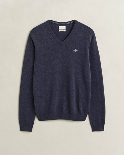 GANT Mens Superfine Lambswool V - Neck Sweater - 480 Dark Navy Melange | CHO | Designer Mens V - Neck Jumpers