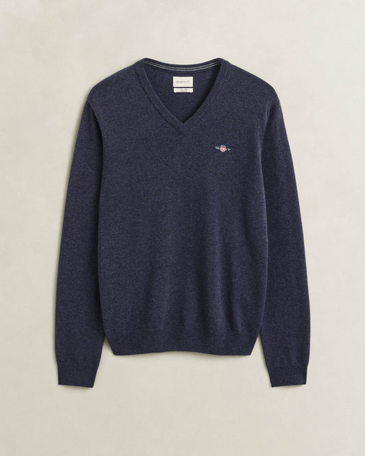 GANT Mens Superfine Lambswool V-Neck Sweater - 480 Dark Navy Melange