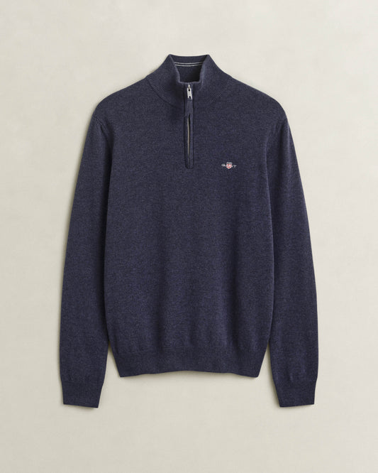GANT Mens Superfine Lambswool Half Zip Sweater - 480 Dark Navy Melange
