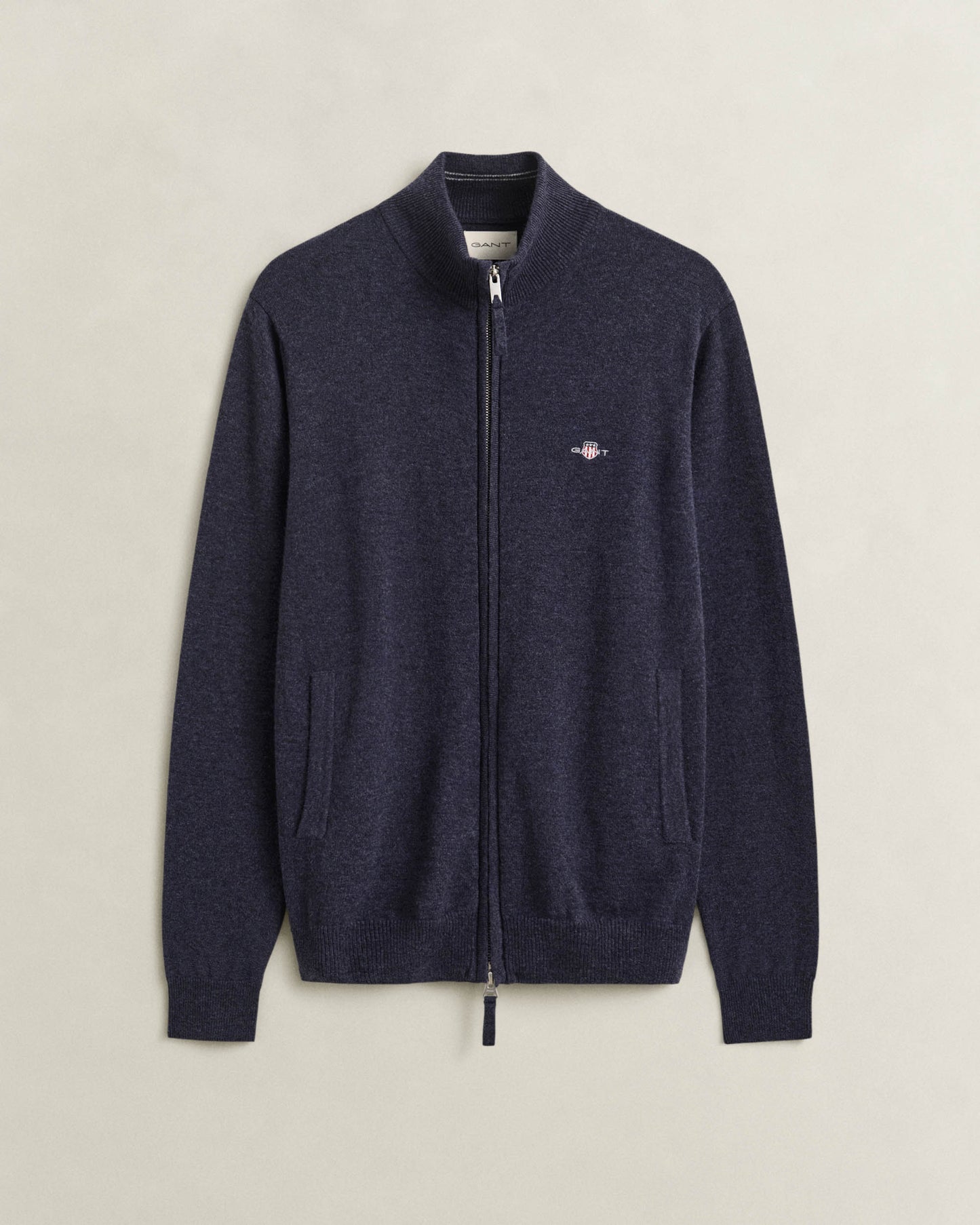 GANT Mens Superfine Lambswool Full Zip Sweater - 480 Dark Navy Melange