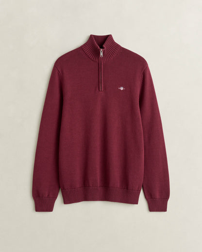 GANT Mens Casual Cotton Half Zip Jumper - 676 Deep Grape Wine | CHO | Designer Mens Half Zip Jumpers