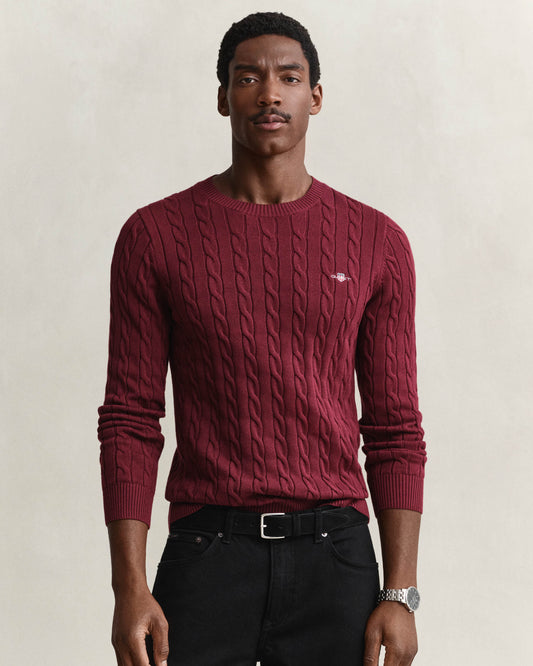 GANT Mens Cotton Cable Knit Crew Neck Jumper - 676 Deep Grape Wine
