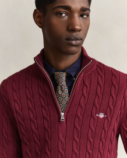 GANT Mens Cotton Cable Half Zip Jumper - 676 Deep Grape Wine