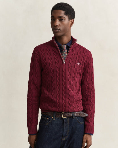 GANT Mens Cotton Cable Half Zip Jumper - 676 Deep Grape Wine