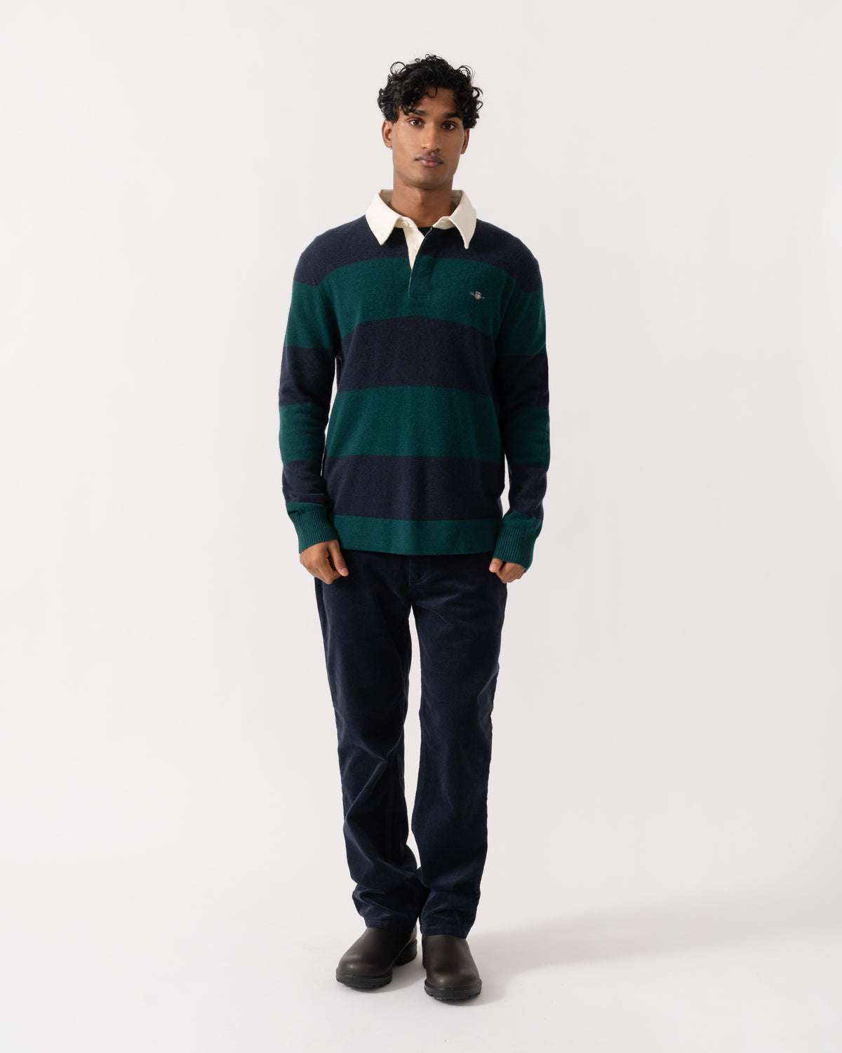 Man wearing GANT Mens Barstripe Lambswool Rugger - 321 Dark Emerald