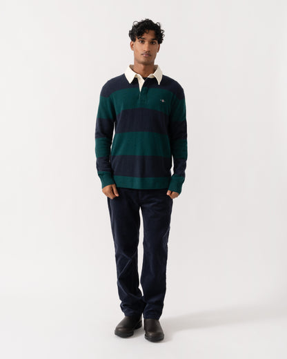 Man wearing GANT Mens Barstripe Lambswool Rugger - 321 Dark Emerald