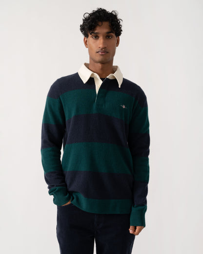 Front of GANT Mens Barstripe Lambswool Rugger - 321 Dark Emerald