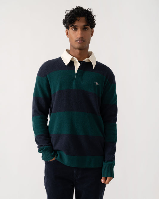 Front of GANT Mens Barstripe Lambswool Rugger - 321 Dark Emerald