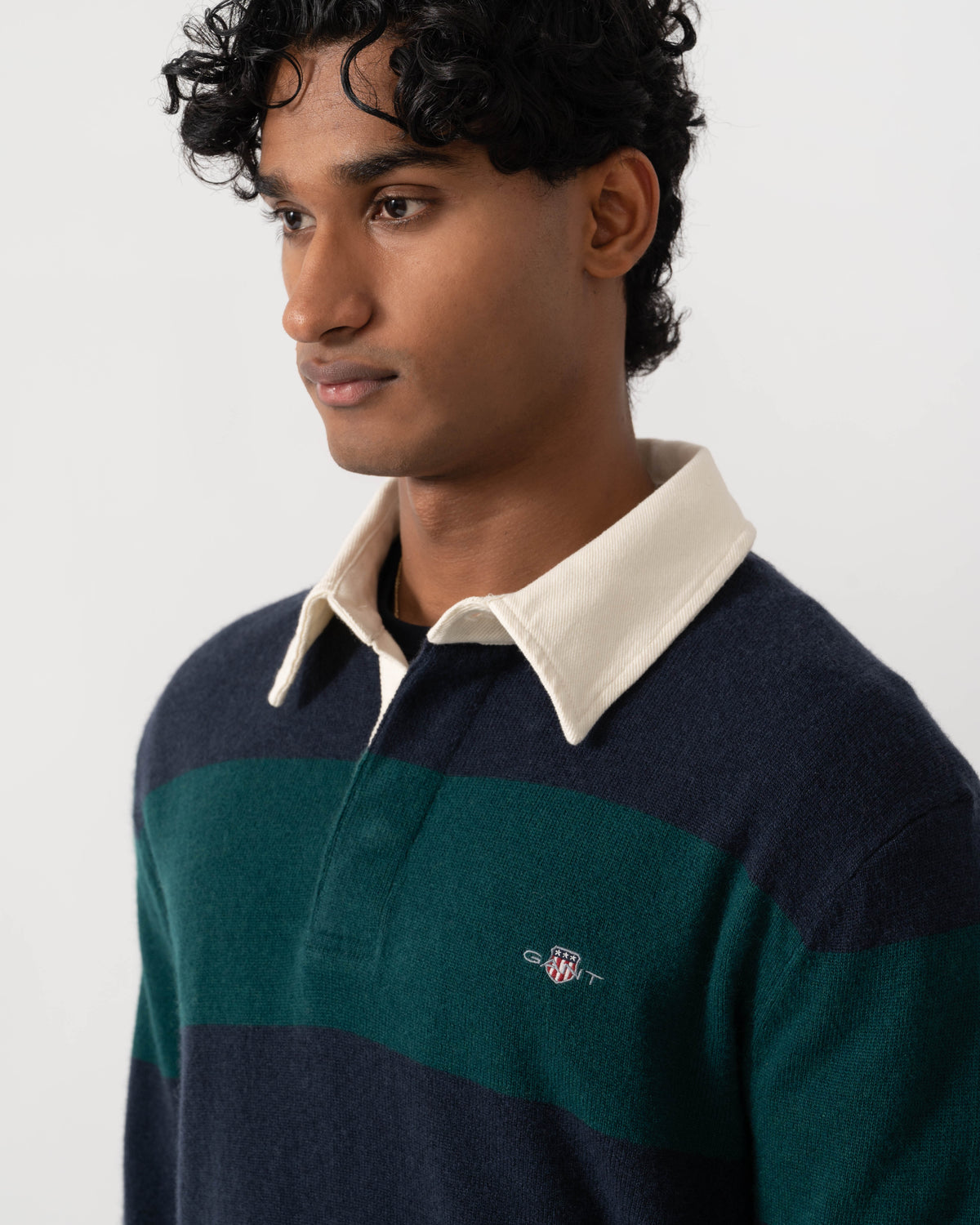 Close up of GANT Mens Barstripe Lambswool Rugger - 321 Dark Emerald