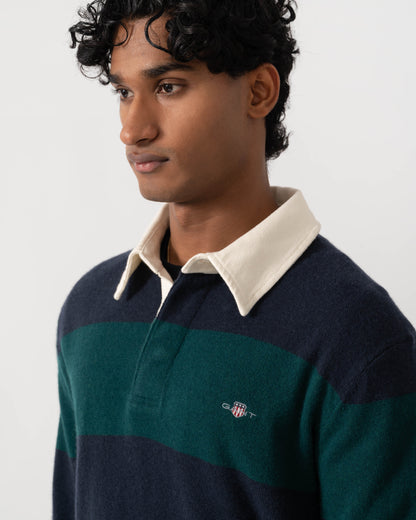 Close up of GANT Mens Barstripe Lambswool Rugger - 321 Dark Emerald