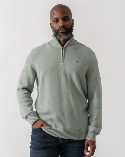 Model wearing GANT Mens Casual Cotton Half Zip Jumper in 10 Ceramic Grey - Main