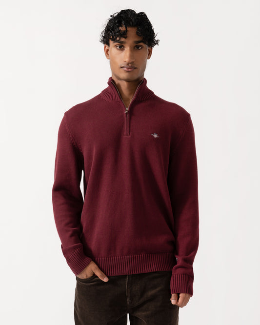 Front of the GANT Mens Casual Cotton Half Zip Jumper - 676 Deep Grape Wine