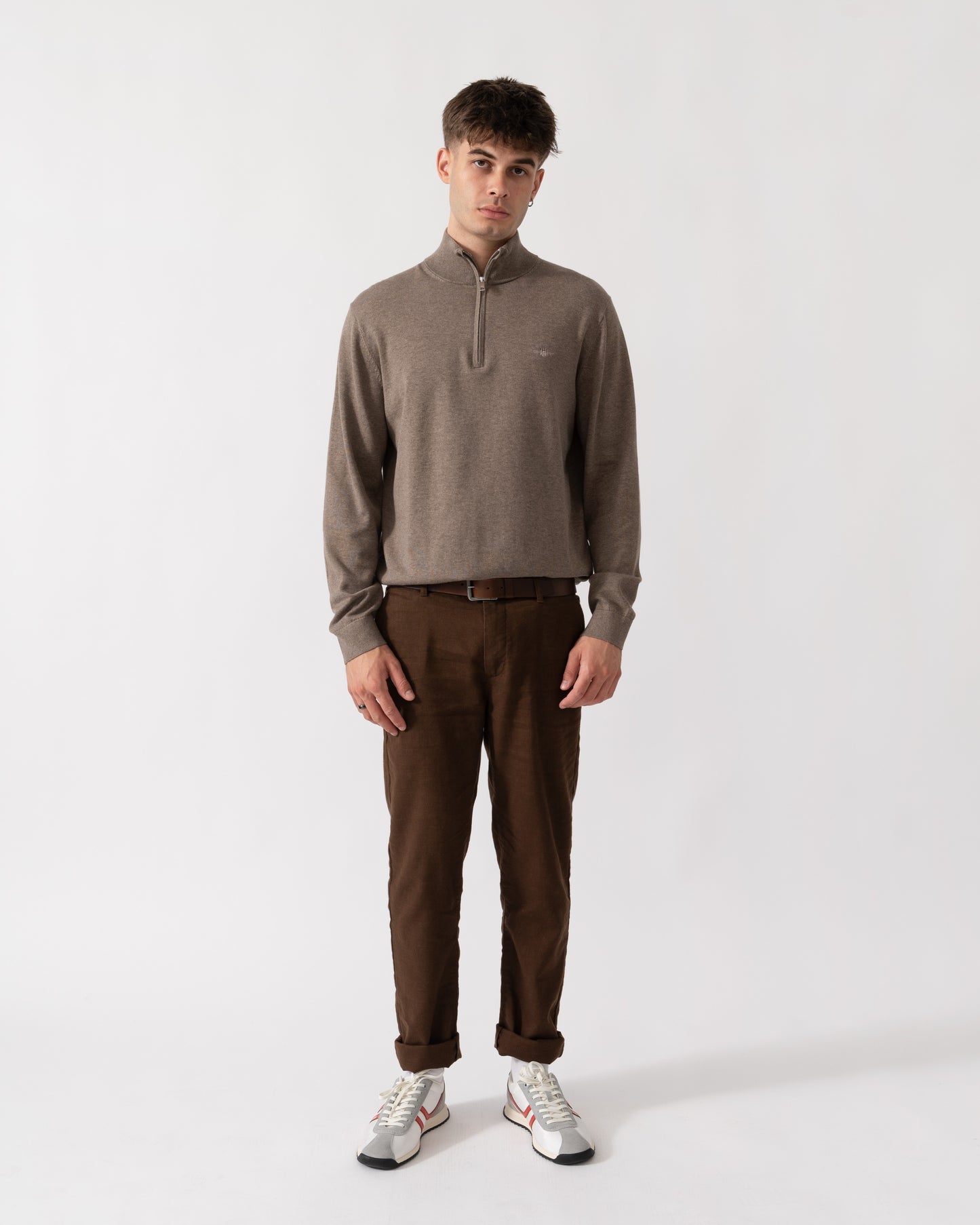 GANT Mens Classic Cotton Shield Logo Half Zip Jumper - 294 Dark Hazelnut Melange full length