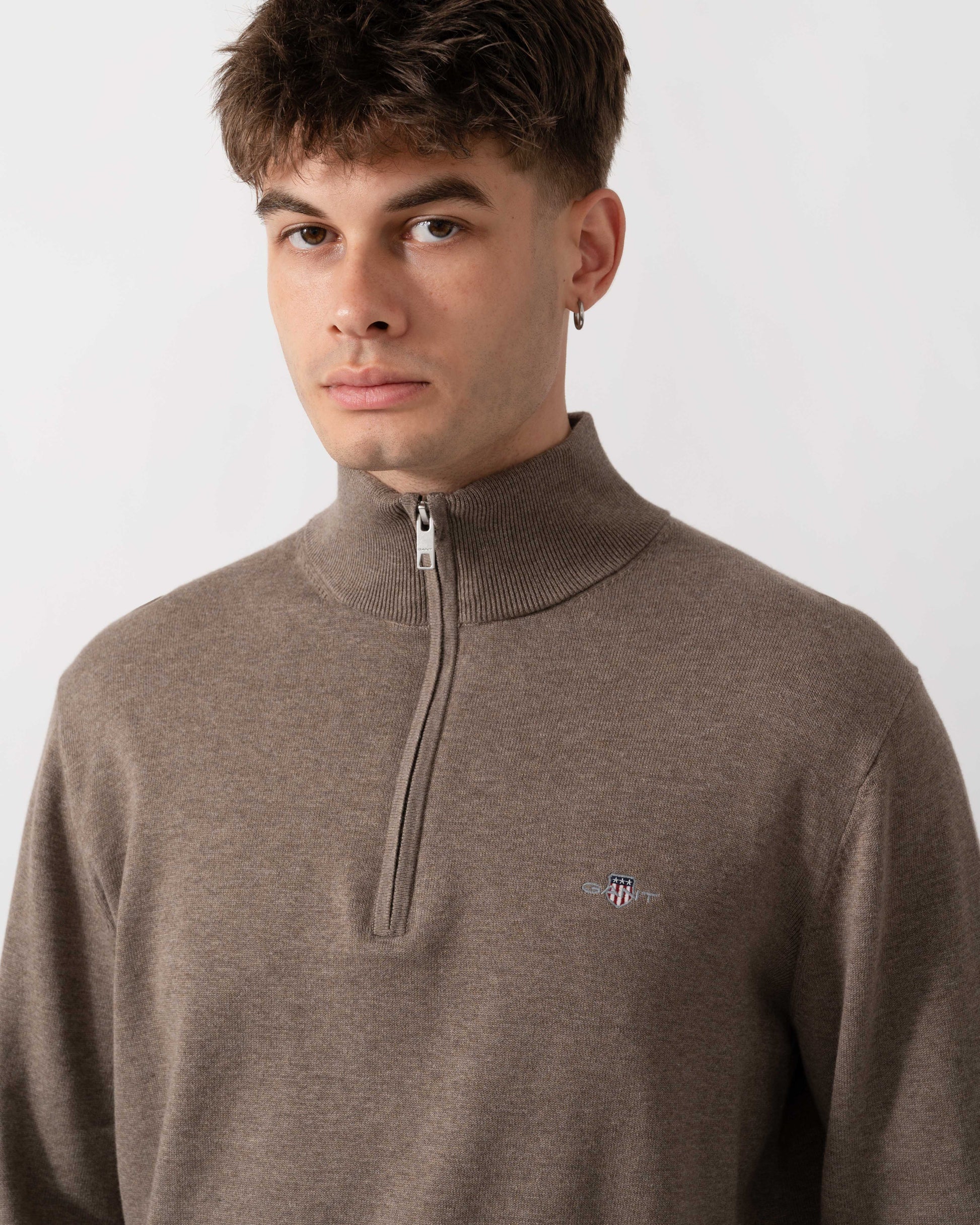 GANT Mens Classic Cotton Shield Logo Half Zip Jumper - 294 Dark Hazelnut Melange logo