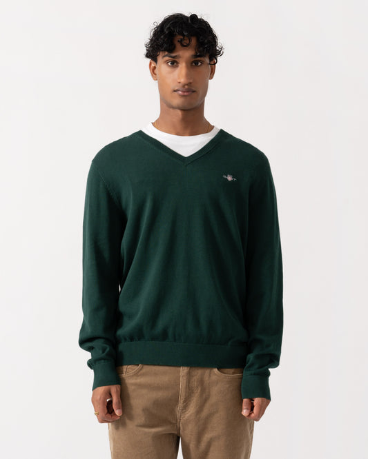 Front of the GANT Mens Classic Cotton Shield Logo V-Neck Jumper - 374 Tartan Green