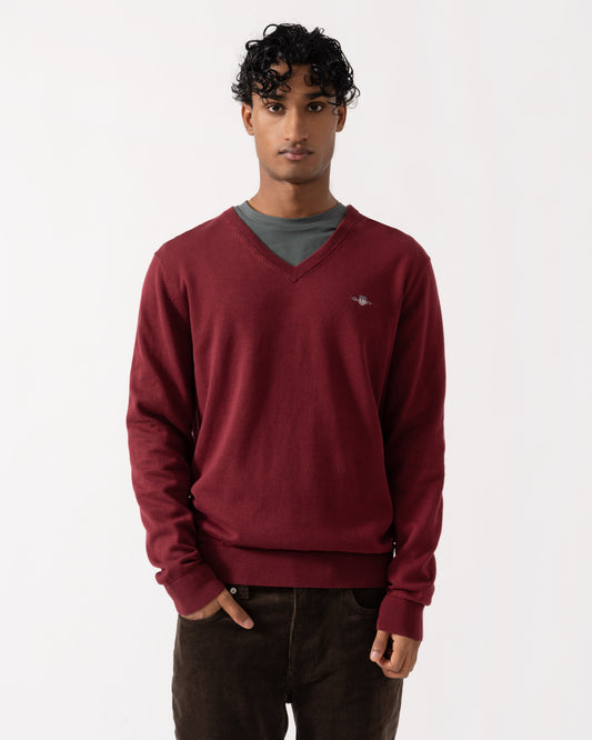 Front of the GANT Mens Classic Cotton Shield Logo V-Neck Jumper - 676 Deep Grape Wine