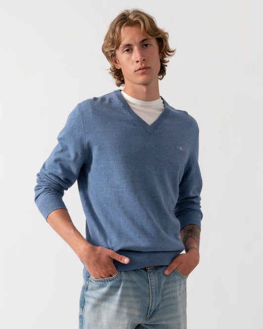 GANT Mens Classic Cotton V-Neck Jumper - 906 Denim Blue Melange | CHO | Designer Mens Jumpers