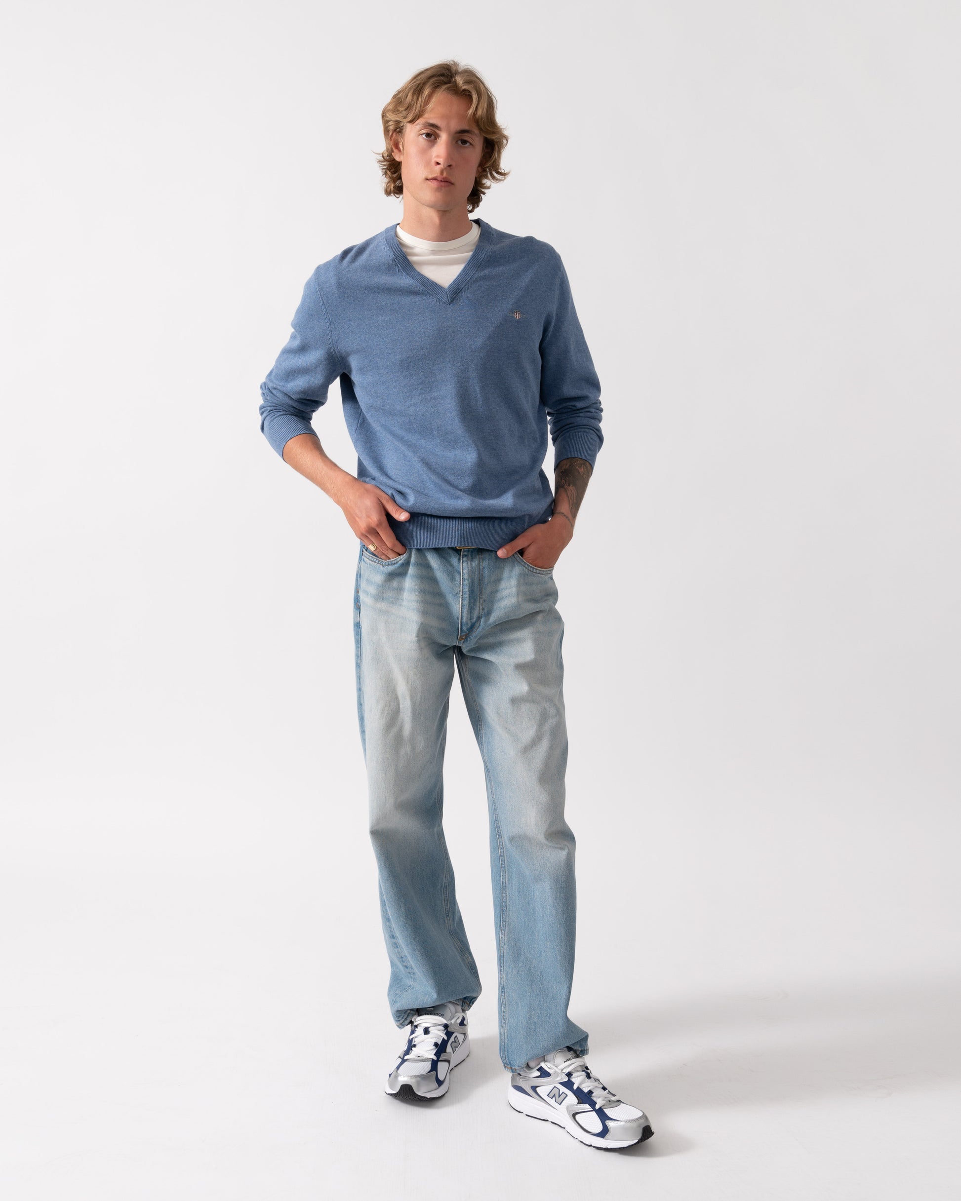 GANT Mens Classic Cotton V-Neck Jumper - 906 Denim Blue Melange | CHO | Designer Mens Jumpers
