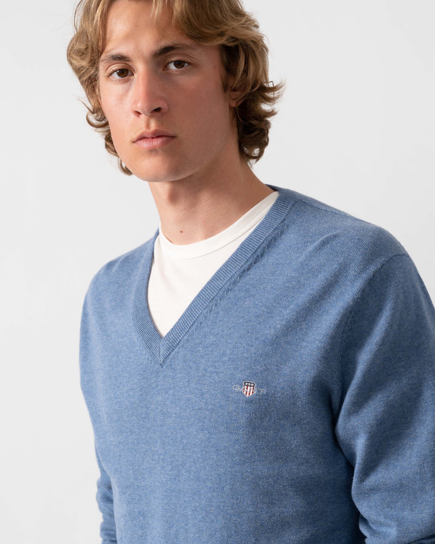 GANT Mens Classic Cotton V-Neck Jumper - 906 Denim Blue Melange | CHO | Designer Mens Jumpers
