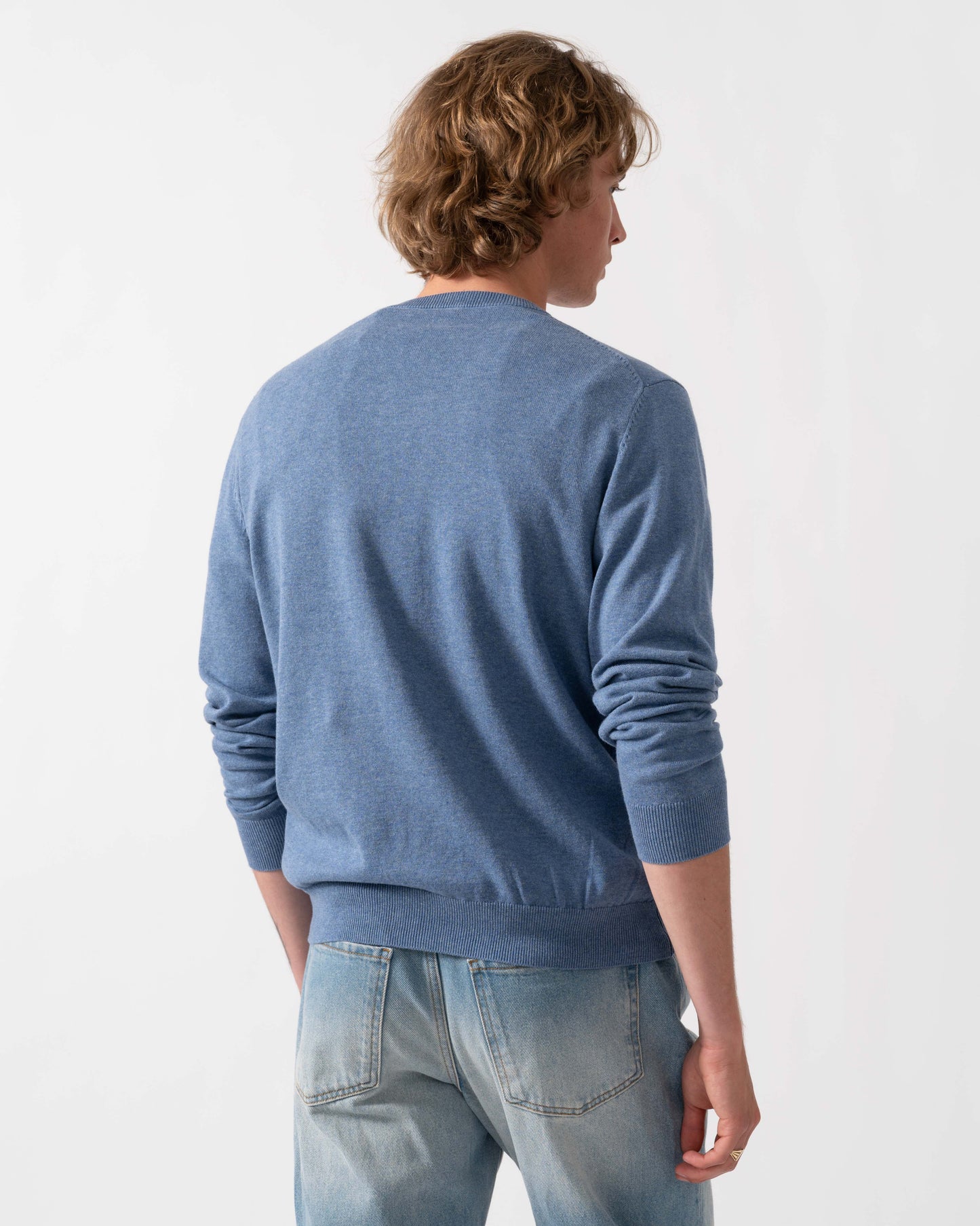 GANT Mens Classic Cotton V-Neck Jumper - 906 Denim Blue Melange | CHO | Designer Mens Jumpers
