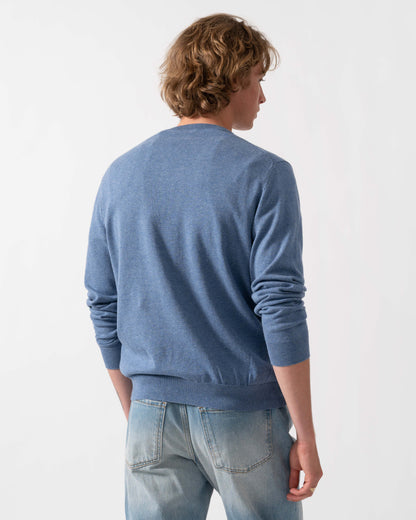 GANT Mens Classic Cotton V-Neck Jumper - 906 Denim Blue Melange | CHO | Designer Mens Jumpers