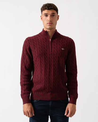 GANT Mens Cotton Cable Half Zip Jumper - 677 Bordeaux Melange