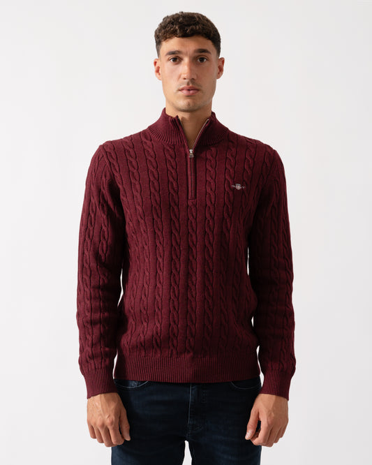 GANT Mens Cotton Cable Half Zip Jumper - 677 Bordeaux Melange