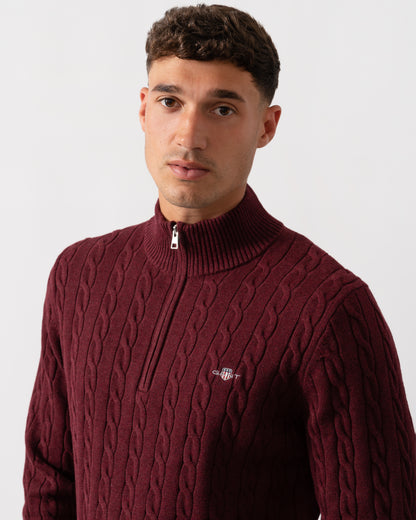 GANT Mens Cotton Cable Half Zip Jumper - 677 Bordeaux Melange