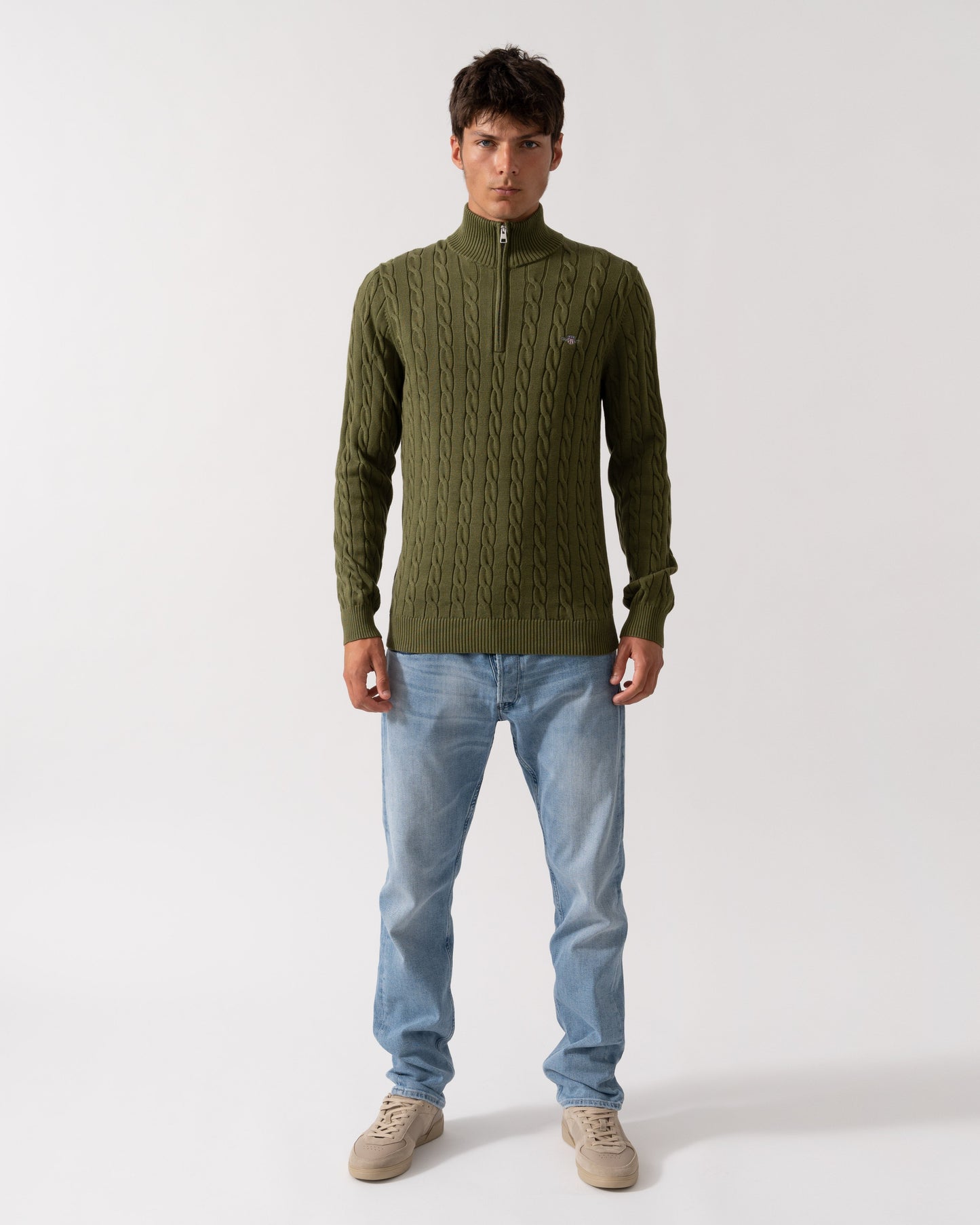 GANT Mens Cotton Cable Half Zip Jumper - 303 Moss Green