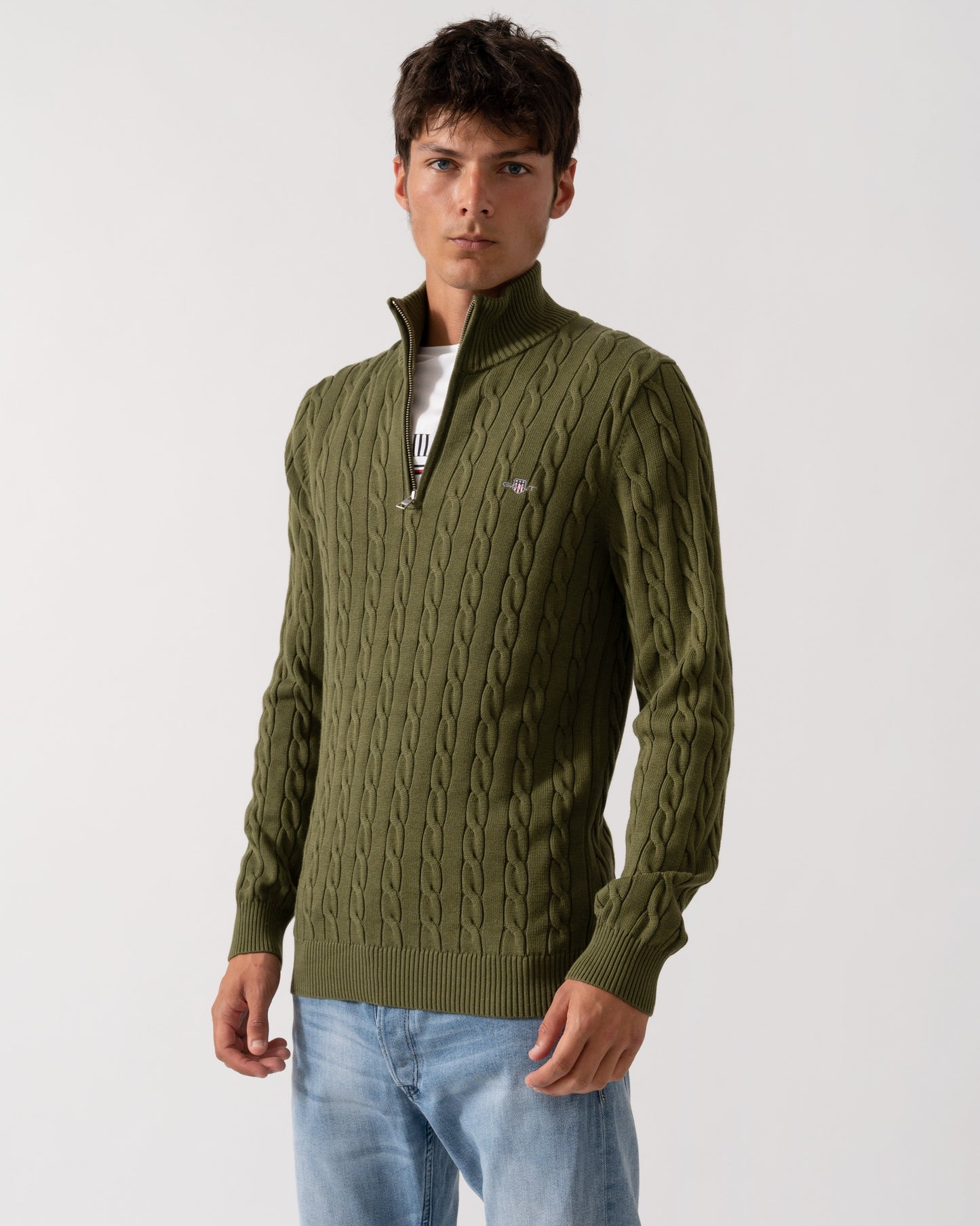 GANT Mens Cotton Cable Half Zip Jumper - 303 Moss Green