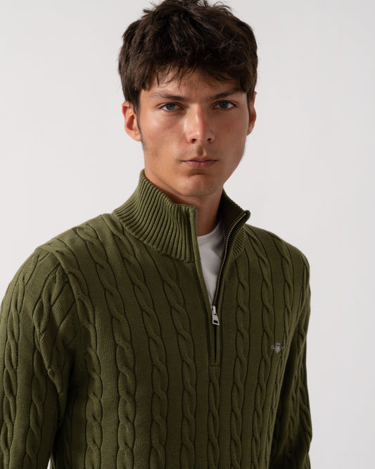 GANT Mens Cotton Cable Half Zip Jumper - 303 Moss Green