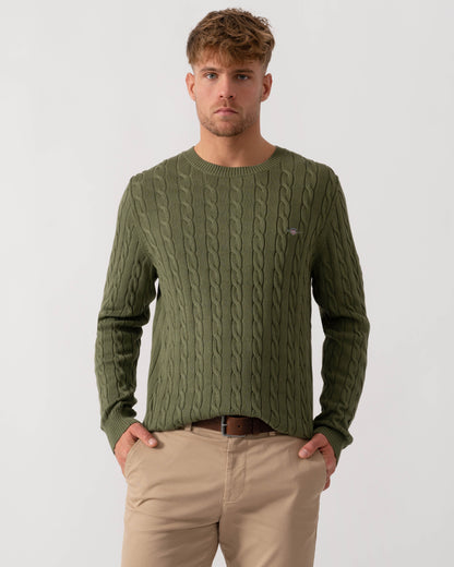 Model wearing GANT Mens Cotton Cable Knit Crew Neck Jumper in 379 Dry Herb Green - Main