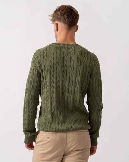 Model wearing GANT Mens Cotton Cable Knit Crew Neck Jumper in 379 Dry Herb Green - Back