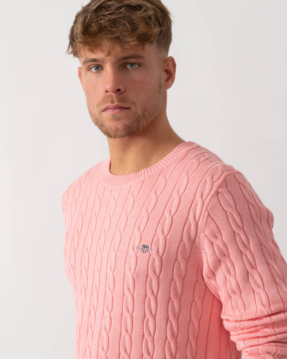 Man wearing GANT Mens Cotton Cable Knit Crew Neck Jumper in 666 Washed Pink - Detail
