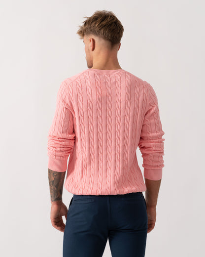 Man wearing GANT Mens Cotton Cable Knit Crew Neck Jumper in 666 Washed Pink - Back